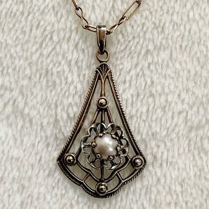 Art Deco Sterling Silver 14K Gold Pearl Pendant Necklace Vintage 1930s
